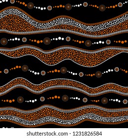 Australian aboriginal seamless vector pattern with white and orange dotted circles, rings, suns and crooked stripes on black background