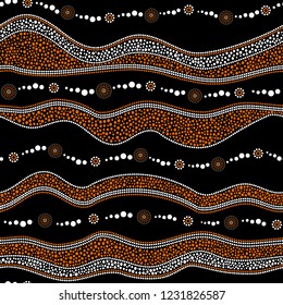 Australian aboriginal seamless vector pattern with white and orange dotted circles, rings, suns and crooked stripes on black background