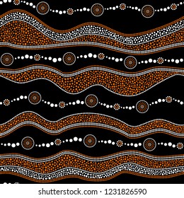 Australian aboriginal seamless vector pattern with white and orange dotted circles, rings, suns and crooked stripes on black background