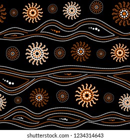 Australian aboriginal seamless vector pattern with white and orange dotted circles, rings, suns and crooked stripes on black background