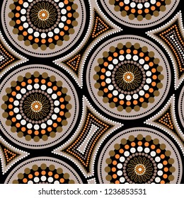 Australian aboriginal seamless vector pattern with colorful dotted circles and crooked squares