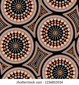 Australian aboriginal seamless vector pattern with colorful dotted circles and crooked squares