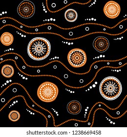 Australian aboriginal seamless vector pattern with white and orange dotted circles, rings, suns and crooked stripes on black background