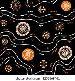 Australian aboriginal seamless vector pattern with white and orange dotted circles, rings, suns and crooked stripes on black background