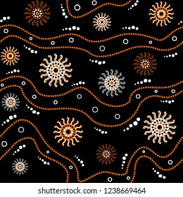 Australian aboriginal seamless vector pattern with white and orange dotted circles, rings, suns and crooked stripes on black background