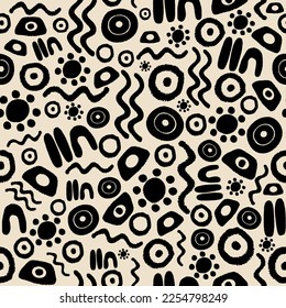 Australian aboriginal symbols pattern. Imitation of woven Ikat technic. Black  on beige background. Endless vector texture. 