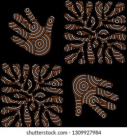 Australian aboriginal vector pattern including ethnic Australian motive with white and orange dotted circles, leaf, palm and other typical elements on black background