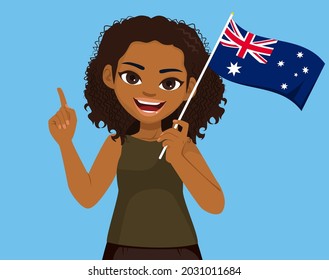 Australian Aboriginal Woman Holding Australia Flag And Pointing Finger Up