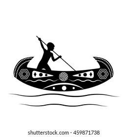 Australian aborigine or Polynesian sailing on a traditional boat with a pole. The boat is decorated with national, native, ethnic patterns and ornaments tribes of Australia and Polynesia