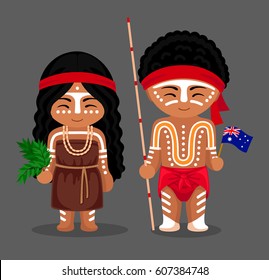 Australian aborigines in national dress with a flag. Man and woman in traditional costume. Travel to Australia. People. Vector flat illustration.
