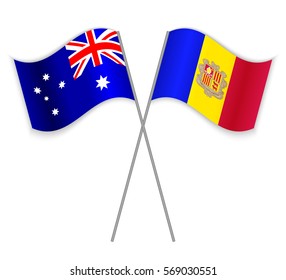 Australian and Andorran crossed flags. Australia combined with Andorra isolated on white. Language learning, international business or travel concept.