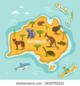 Australian animal. Australia mainland cartoon map surrounded by ocean and island. Wildlife difference illustration. Vector australian animal, bird and fish creature diversity. World flora and fauna