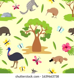 Australian animal background. Linear colored seamless pattern of vector animals isolated on white background. Vector illustration of cute animal including possum, tasmanian devil, platypus.