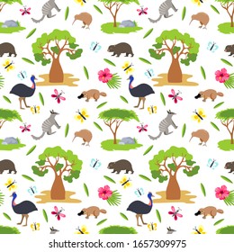 Australian animal background. Linear colored seamless pattern of animals isolated on white background. Vector illustration of cute animal including possum, tasmanian devil, ostrich, platypus.