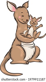 Australian animal. Kangaroo with baby. Cute cartoon vector illustration.