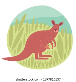 Australian animal. Kangaroo with baby. Vector illustration.