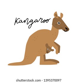 Australian Animal Kangaroo vector illustration clipart. Kids design poster. 
Wild mammal drawing in scandinavian style. Handwritten lettering. Exotic wildlife. 