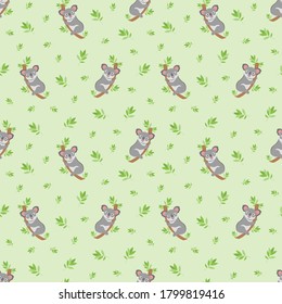 Australian animal koala bear on a branch seamless pattern on a green background. Design for fabric, textile and wallpaper. Vector stock illustration.