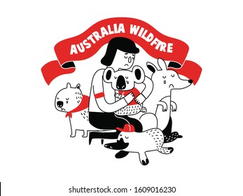 Australian Animal Rescue During Wild Fire, Donation Poster For Forest Flame Victim. Australia Natural Disaster