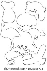 Australian animals and birds black  outline vector drawings grouped on a page. Suit labels, tags, or colouring book page. 
