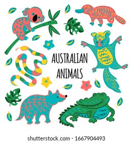 AUSTRALIAN ANIMALS Cartoon Forest Vector Illustration Set