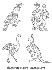 Australian Animals Coloring Page. Kangaroo, koala, cockatoo, emu