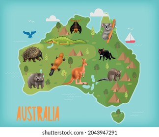 Australian animals composition with map of australia mainland with icons of landmarks plants and animals habitat vector illustration