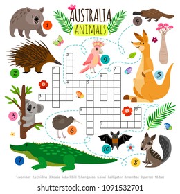 Australian Animals Crossword. Kids Words Brainteaser, Word Search Puzzle Game Vector Illustration