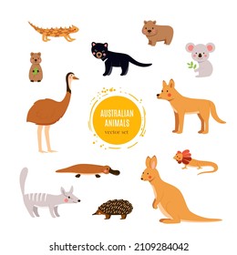 Australian animals in cute cartoon vector set. Funny illustrations of rare and unique fauna of Australia 