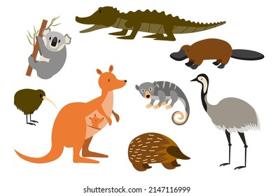 Australian animals in cute cartoon vector set. Funny illustrations of rare and unique fauna of Australia EPS