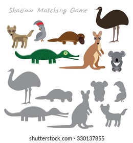 Australian animals dingo emu parrot crocodile koala kangaroo platypus isolated on white background, Shadow Matching Game for Preschool Children. Find the correct shadow. Vector