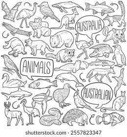 Australian Animals Doodle Icons Black and White Line Art. Australian wildlife Clipart Hand Drawn Symbol Design.	