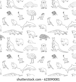 Australian animals. Doodle line zoo vector pattern. 