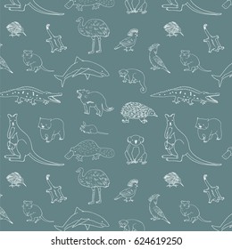 Australian animals. Doodle line zoo vector pattern. 