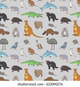 Australian animals. Doodle zoo vector pattern. 