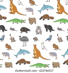 Australian animals. Doodle zoo vector pattern. 