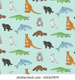 Australian animals. Doodle zoo vector pattern. 