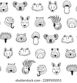 Australian animals faces line vector seamless pattern.