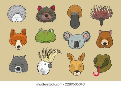 Australian animals faces vector illusrations set.