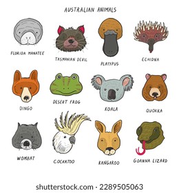 Australian animals faces vector illustrations set.