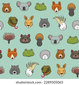 Australian animals faces vector seamless pattern.