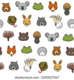 Australian animals faces vector seamless pattern.