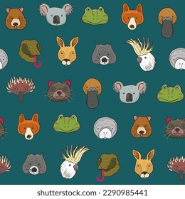 Australian animals faces vector seamless pattern.