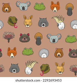 Australian animals faces vector seamless pattern.