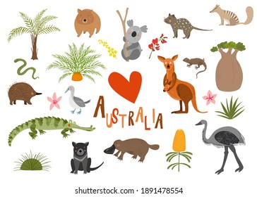 Animales y flora australianos. Personajes australianos para los niños. Ilustración del bebé. Fondo vector colorido dibujado a mano. Flora y fauna. Animales salvajes.