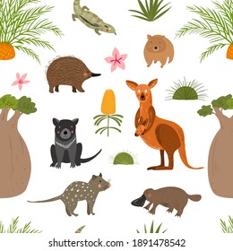 Animales y flora australianos. Patrón sin foco. Fondo vector dibujado a mano. Flora y fauna. Personajes australianos para los niños. Ilustración del bebé.