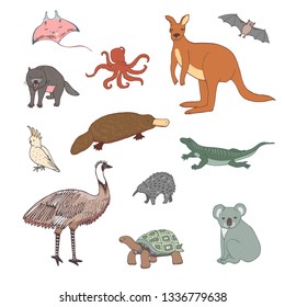 Australian animals hand drawn cartoon illustrations set