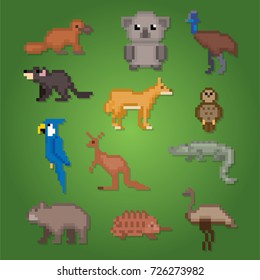 Australian animals icons set. Pixel art. Old school computer graphic style. Games elements.