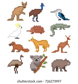 Australian animals icons set. Pixel art. Old school computer graphic style. Games elements.