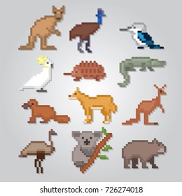 Australian animals icons set. Pixel art. Old school computer graphic style. Games elements.